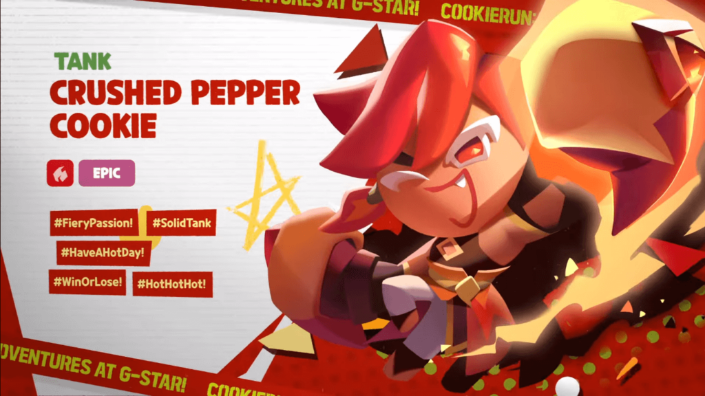 Crushed Pepper Cookie's character bio in CookieRun: Tower of Adventures.