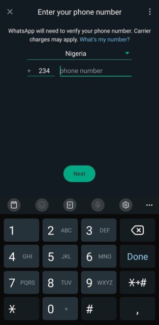 Screen prompting for phone number entry in WhatsApp mobile app