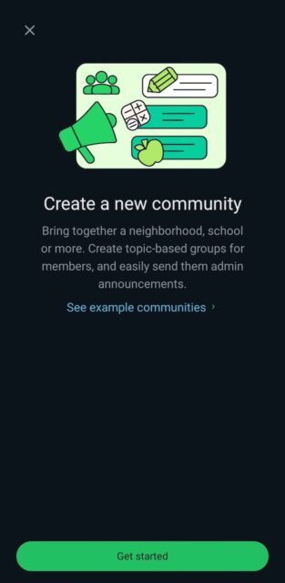 Get started menu for creating a new community on WhatsApp