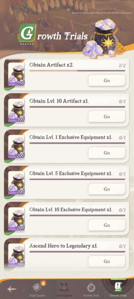 Growth trials diamond rewards in afk journey