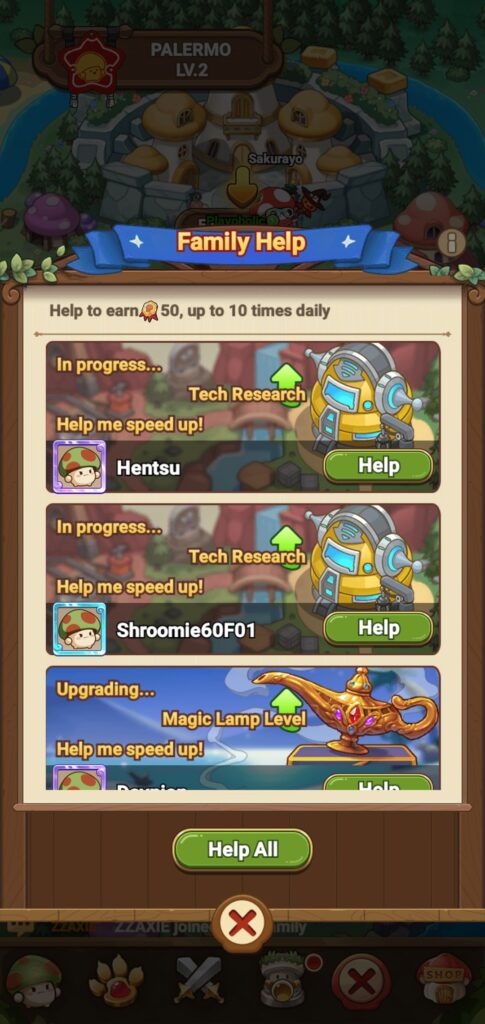Providing assistance to Family members in Legend of Mushroom.