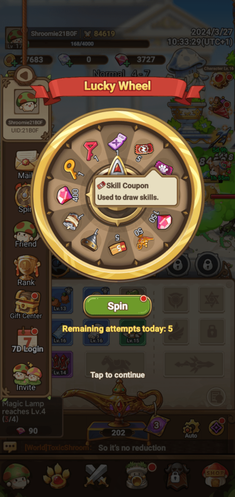 screenshot of the Lucky Wheel in Legend of Mushroom
