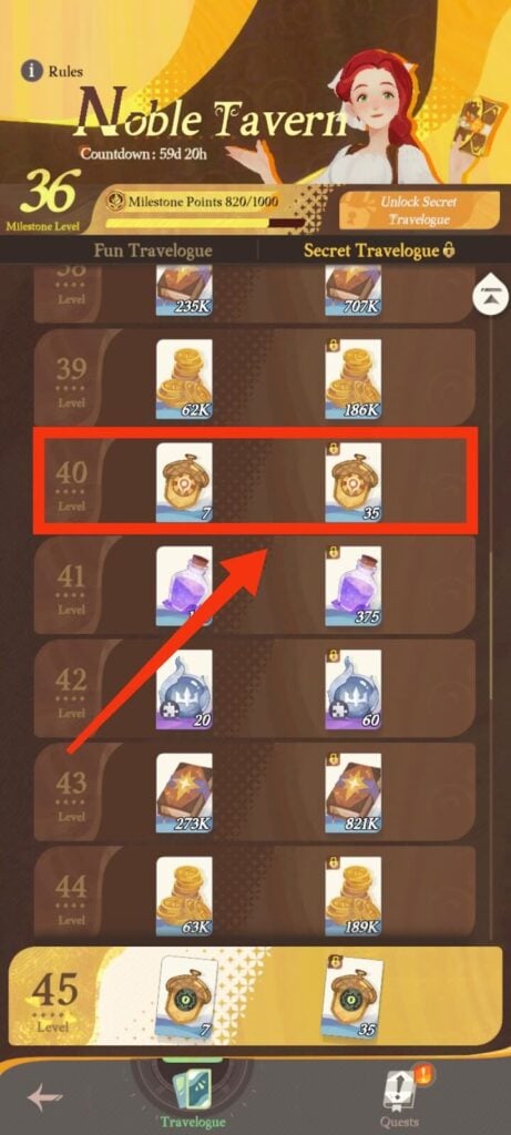 Noble Path rewards (Acorns highlighted) - AFK Journey (AFK2)
