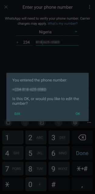 WhatsApp pop-up for phone number verification and editing