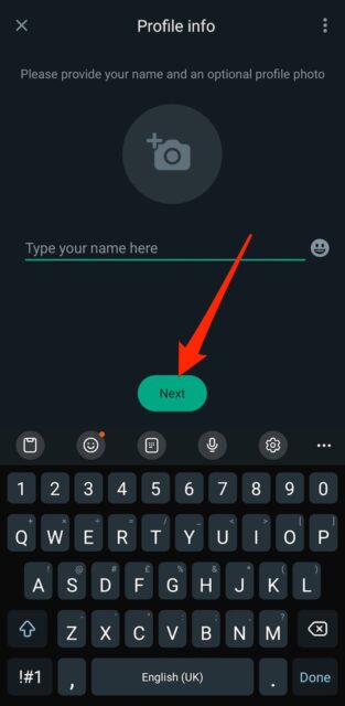 WhatsApp profile information creation page