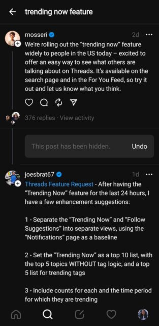 Search results for Trending Now feature on Threads app