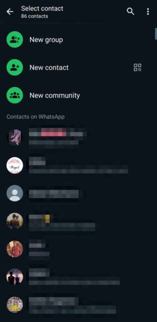 Select contact page on WhatsApp