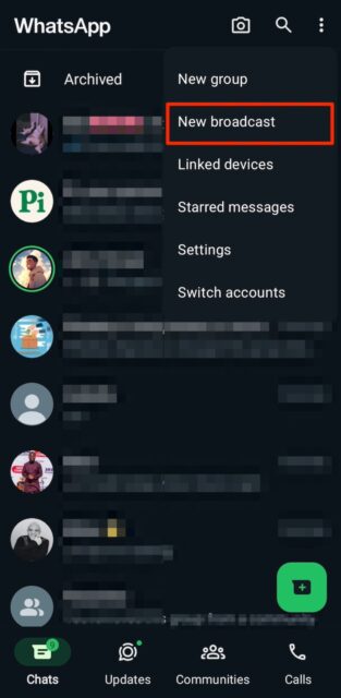 Selecting New broadcast option on WhatsApp
