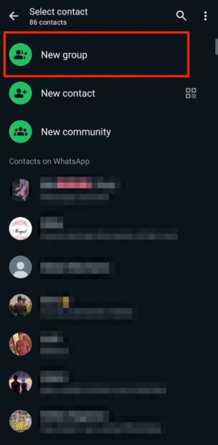 Selecting the New group option on WhatsApp