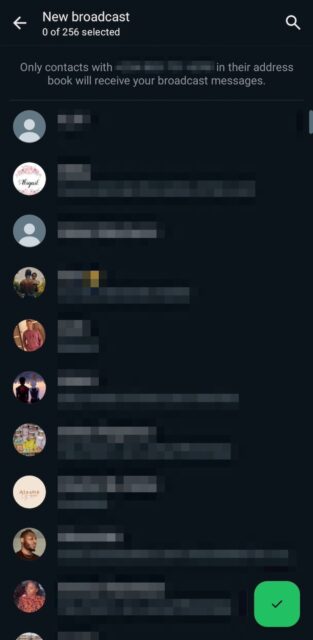 Selecting contacts to add to WhatsApp broadcast