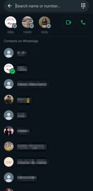 Selecting contacts to make a call on WhatsApp