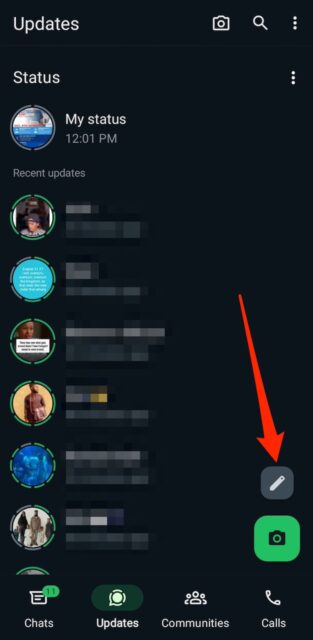 Status section in WhatsApp Updates menu