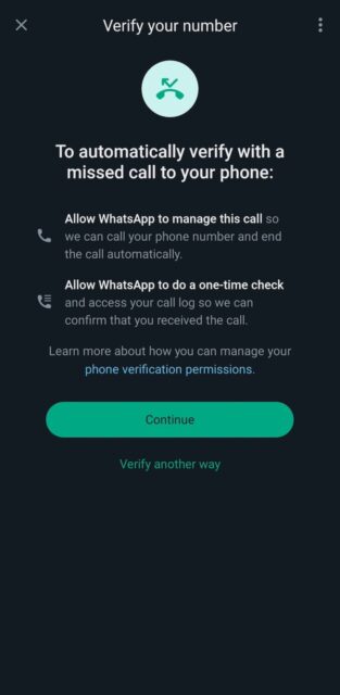 WhatsApp phone number verification screen