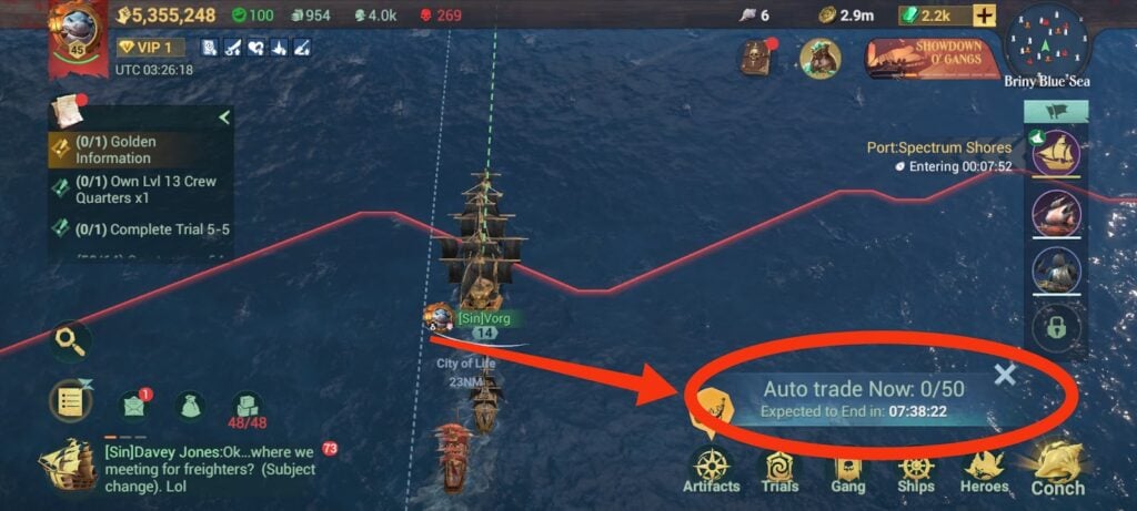 World map (Auto-trading prompt highlighted) - Sea of Conquest
