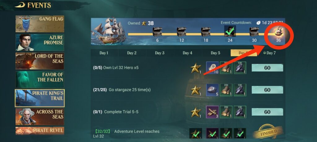 Pirate King's trail event page (Crimson Sentinel highlighted) - Sea of Conquest