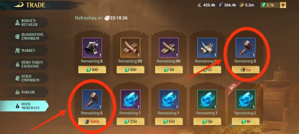 Shipbuilder's Hammers in the Dock Merchant stall - Sea of Conquest