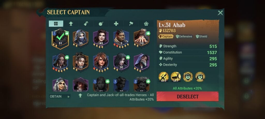 Hero selection page - Sea of Conquest