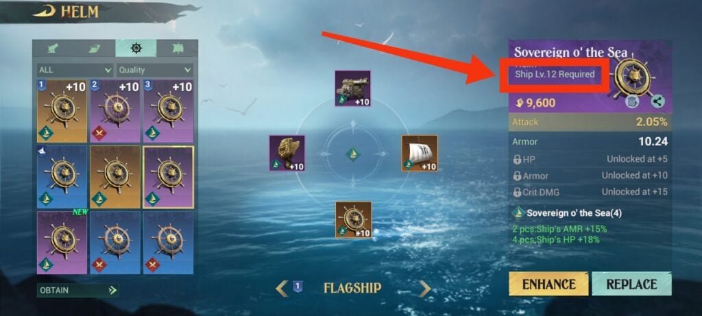 Recommended Ship Level (highlighed) - Sea of Conquest