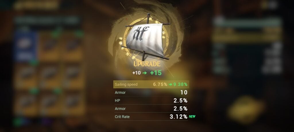 Ship part enhanced (Lv. 10 > Lv. 15) - Sea of Conquest