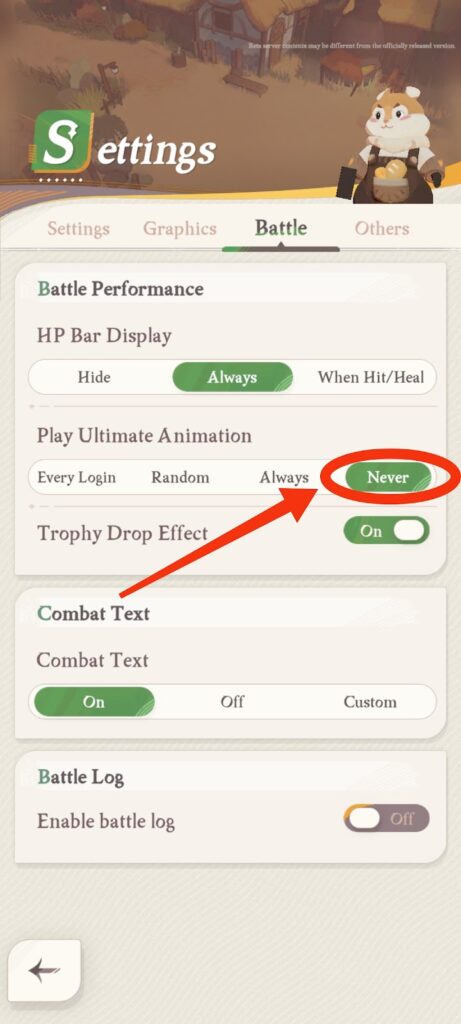 Set Play Ultimate Animation to Never (highlighted) - AFK Journey