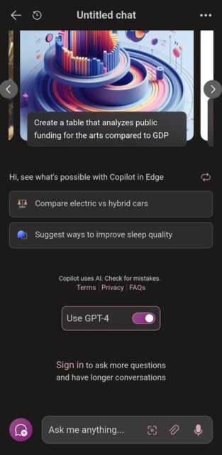 Copilot AI on Microsoft Edge Android browser