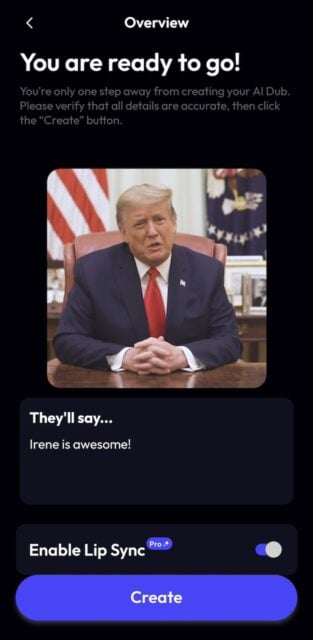 Donald Trump lipsyncing on new Dub AI app