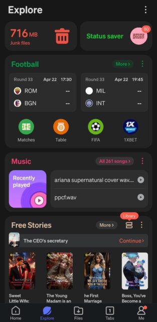 Explore menu on Phoenix browser Android app