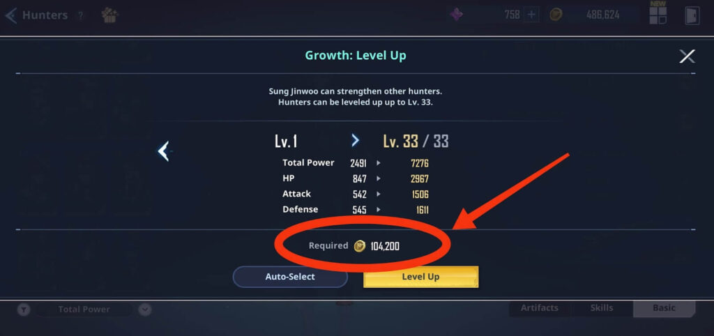 Gold requirements for Hunter level up - Solo Leveling Arise