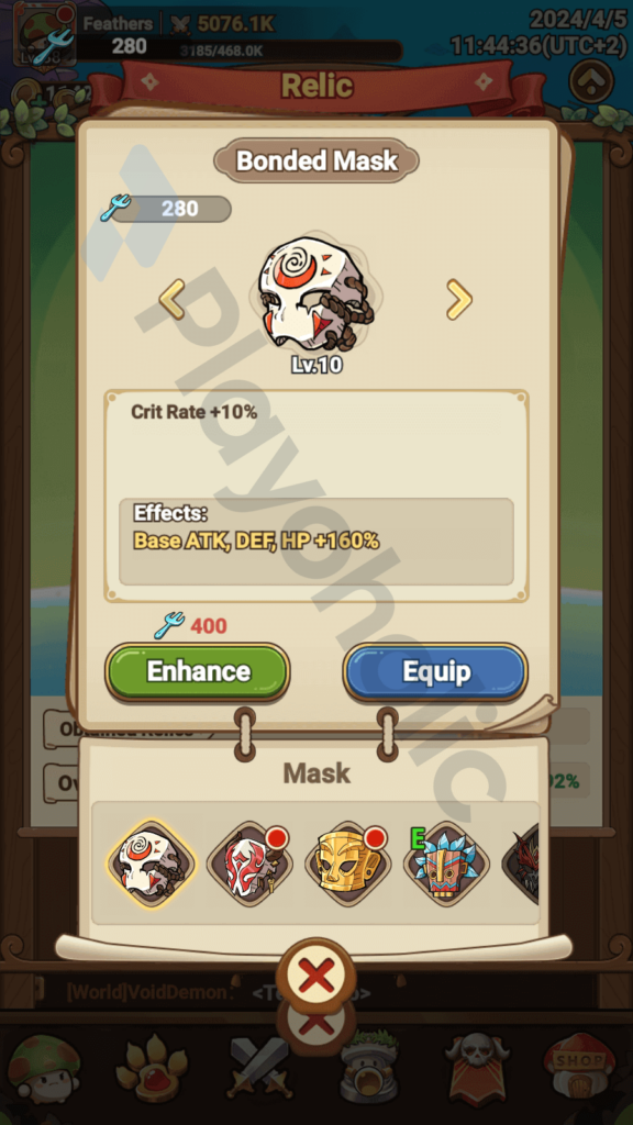 Copyrighted image of the Bonded Mask relic's details in Legend of Mushroom.