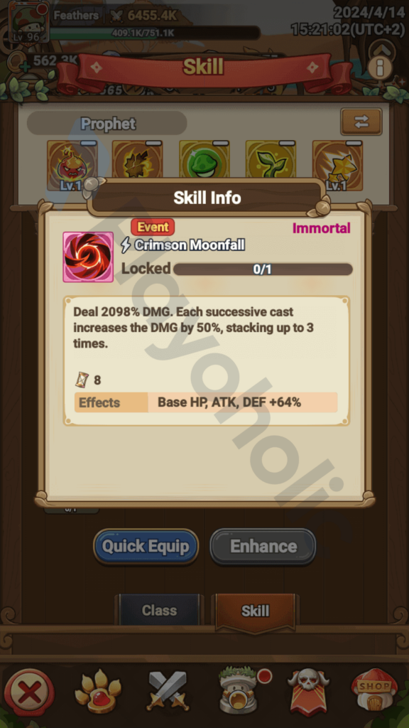 Copyrighted image of Crimson Moonfall's skill details in Legend of Mushroom.