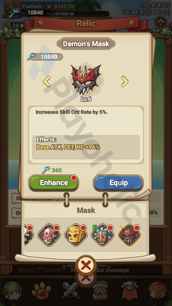 Copyrighted image of the Demon's Mask relic's details in Legend of Mushroom.