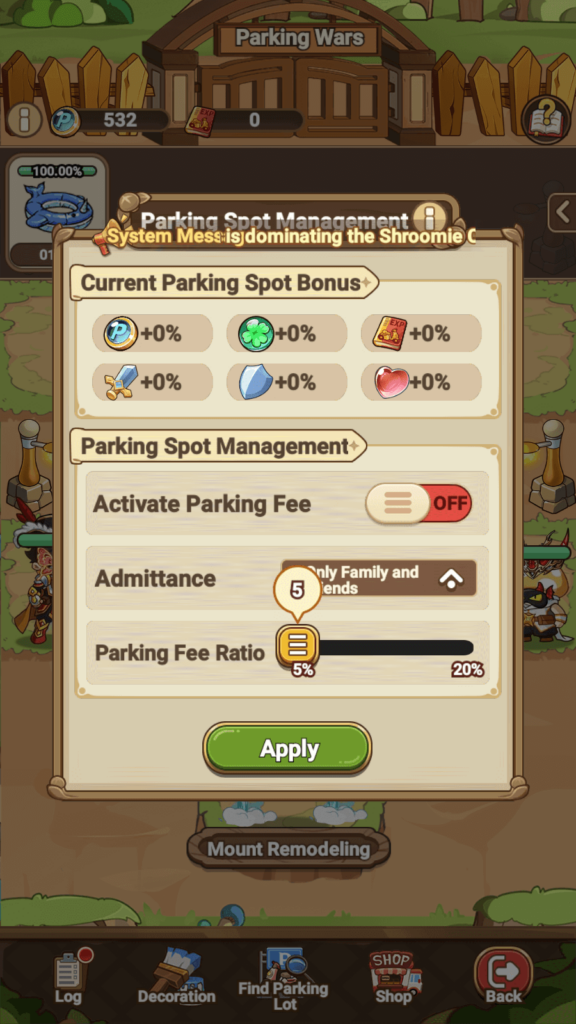 The Parking Management options in Legend of Mushroom.
