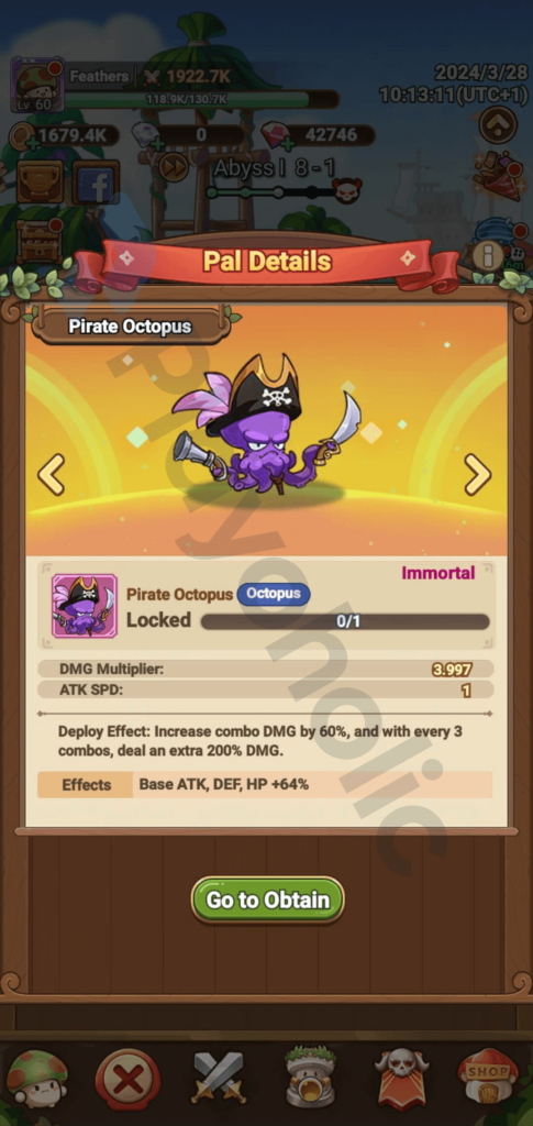 Copyrighted image of the Pirate Octopus pal's details in Legend of Mushroom.