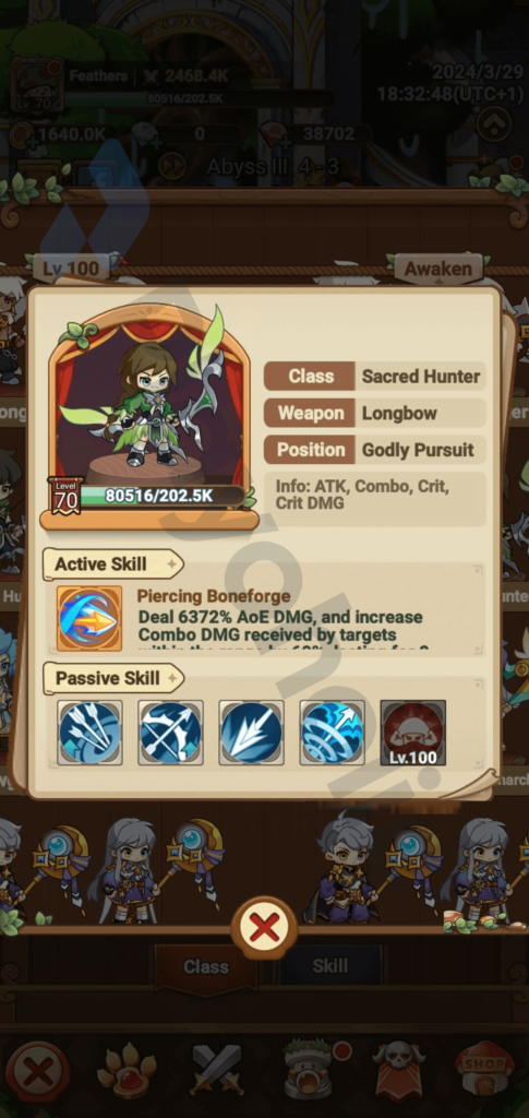 Copyrighted image of the female Sacred Hunter's details in Legend of Mushroom.