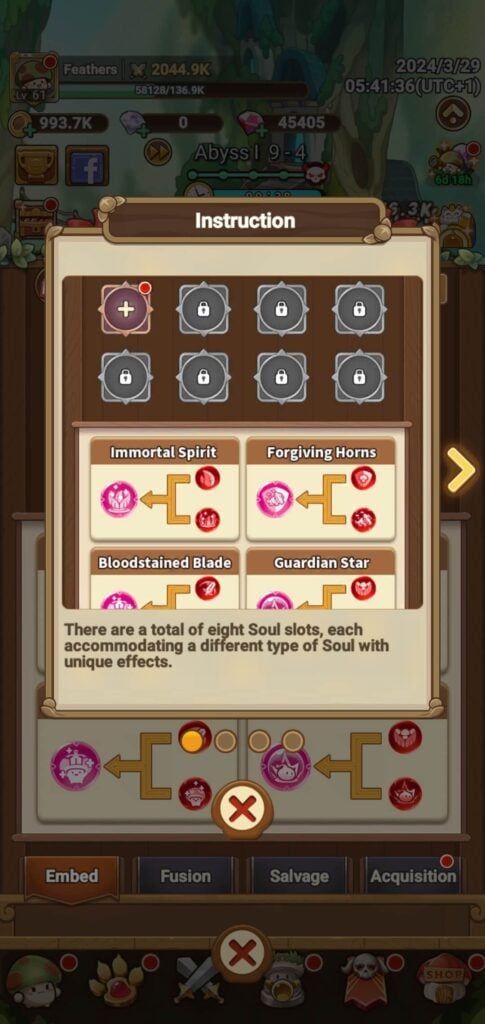 Embedding/ equipping Souls in Legend of Mushroom.