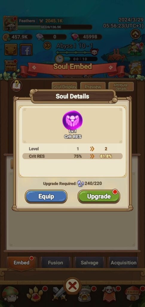 Upgrading a Soul in Legend of Mushroom.