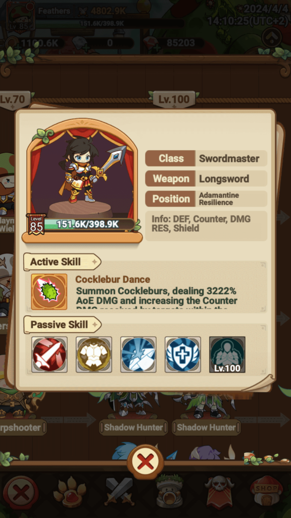 A female Swordmaster's character screen in Legend of Mushroom.