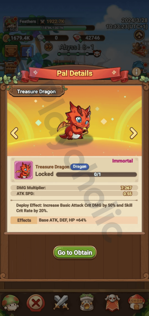 Copyrighted image of the Treasure Dragon pal's details in Legend of Mushroom.