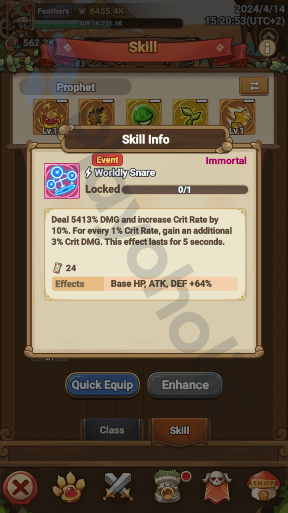 Copyrighted image of the Worldly Snare skill's details in Legend of Mushroom.