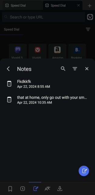 Notes feature on Vivaldi Android browser