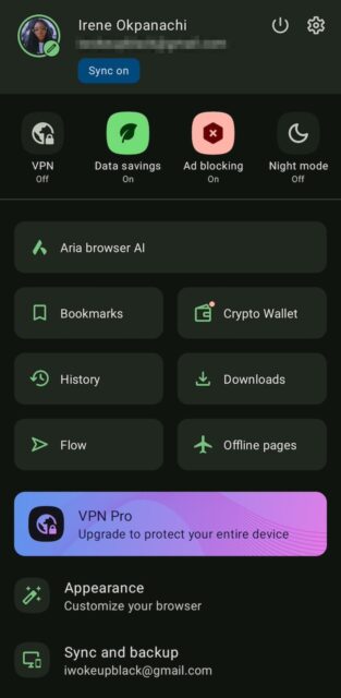 Opera browser menu options on Android
