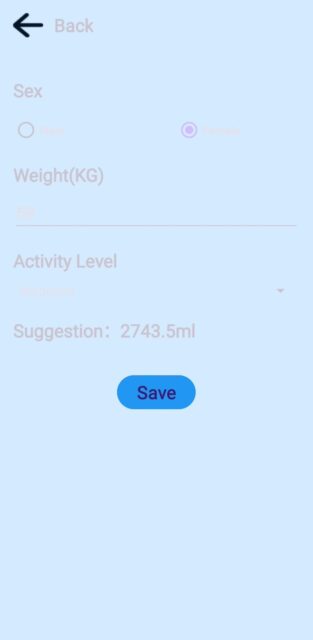 Personal information menu on Aquatrack app