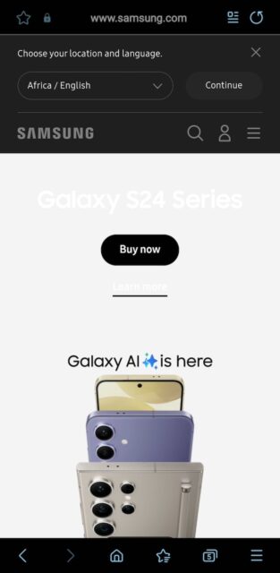 Samsung Internet browser homepage on Android