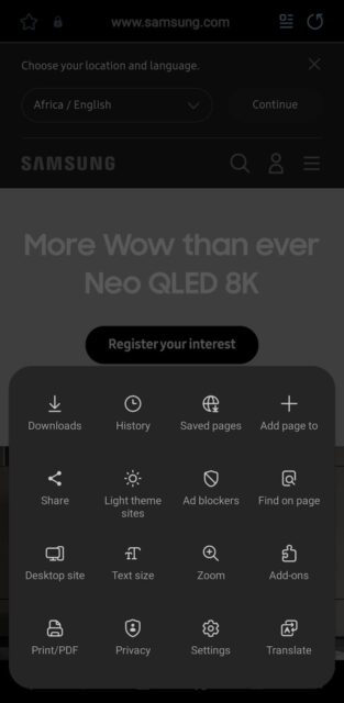 Samsung Internet browser menu on Android