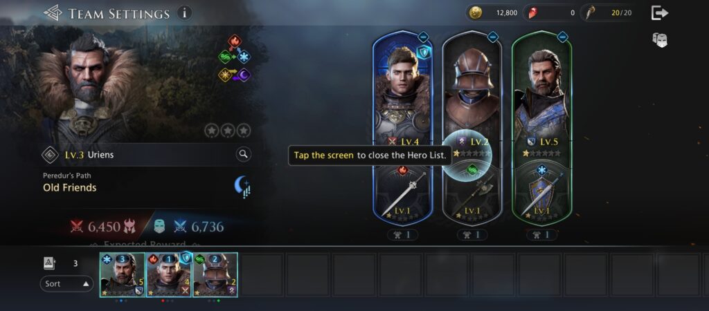 Team settings to choose heroes