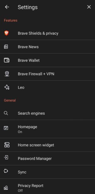 Settings menu on Brave Android browser