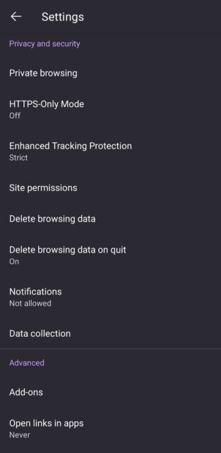 Settings menu on Mozilla Firefox Android app