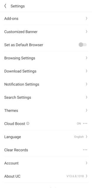 Settings menu on UC Browser Android app
