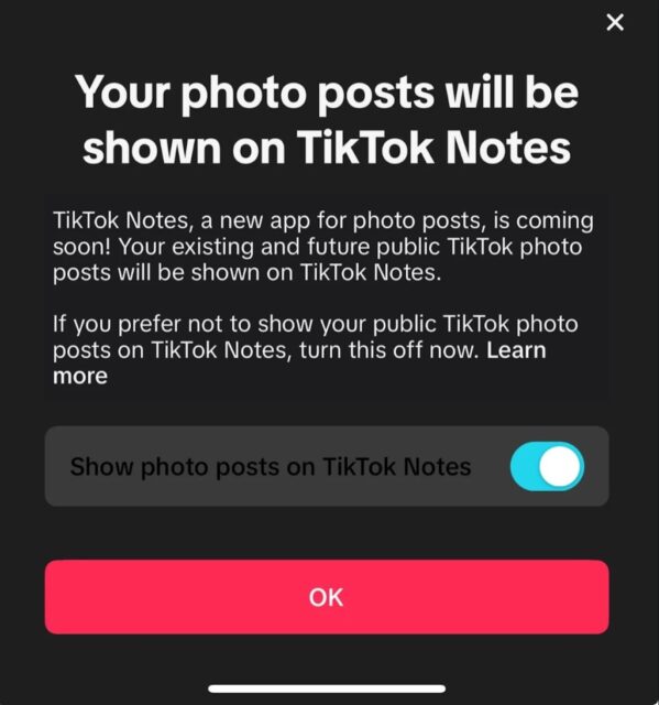 TikTok Notes announcement notification on TikTok app