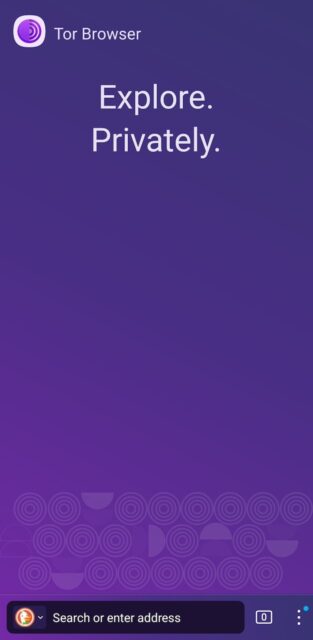 Tor browser homepage on Android app